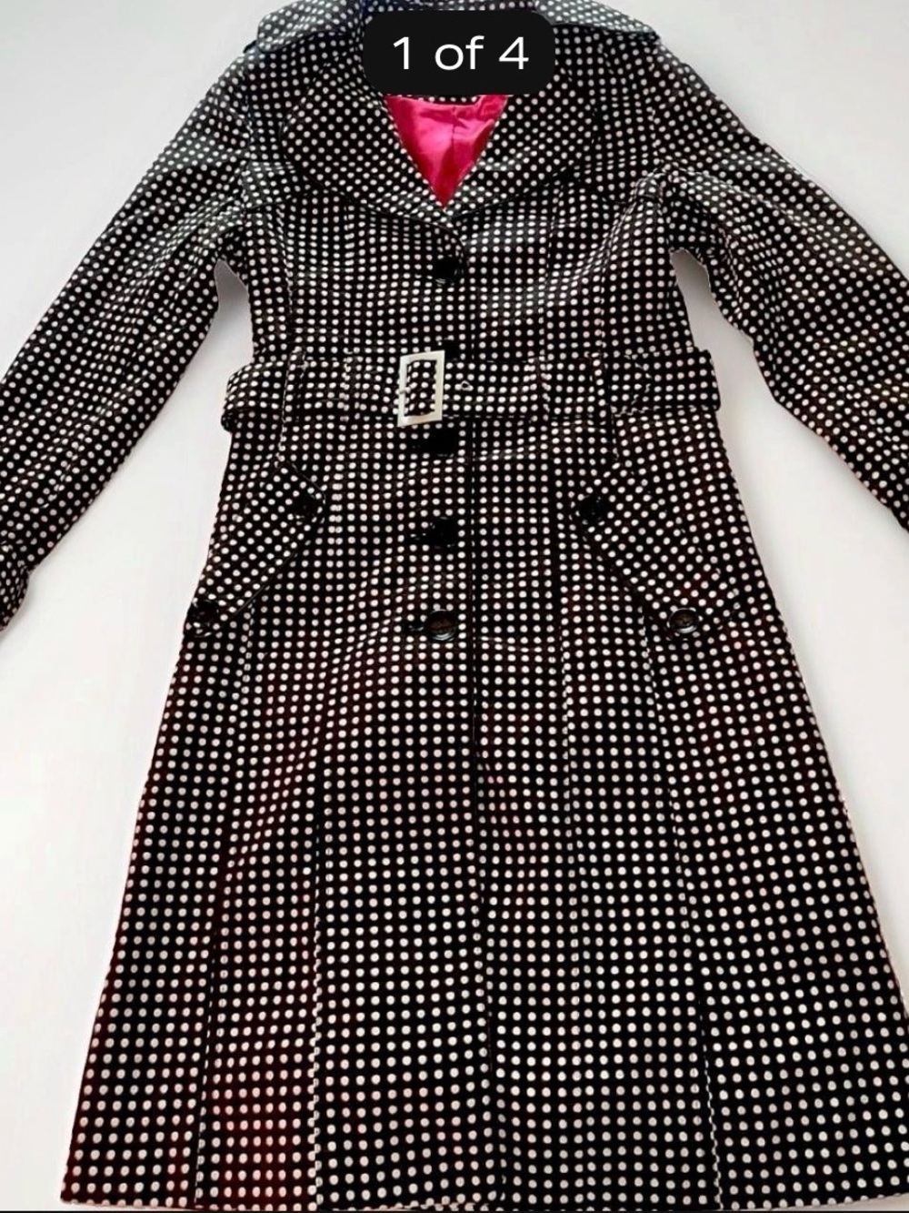 Vertigo Paris Black & white polka dot trench coat with belt, hot pink interior